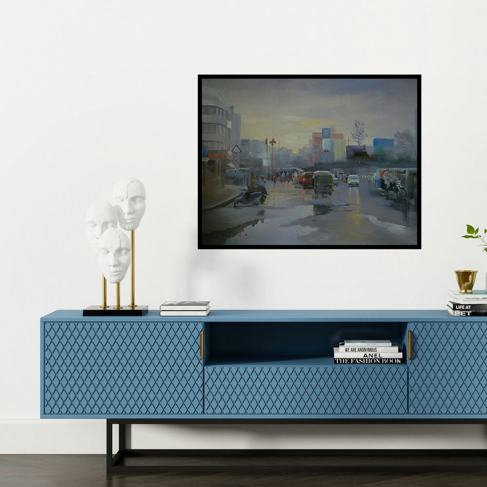 'Wet Nagpur (Untitled)' painting by Bijay Biswaal shown on a wall in a furnished room.