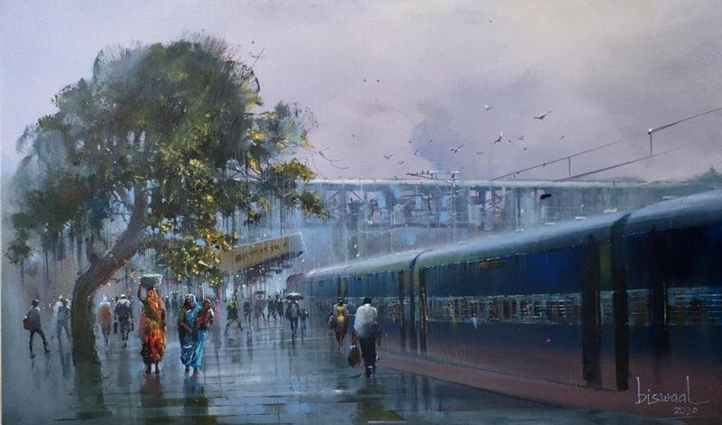 Cityscape acrylic painting titled 'Wet Platform 20', 20x40 inches, by artist Bijay Biswaal on Canvas