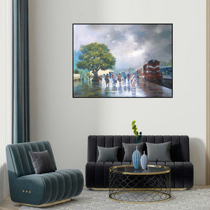 Bijay Biswaal's 'Wet Platform 32' painting visualized above a sofa in a contemporary room.