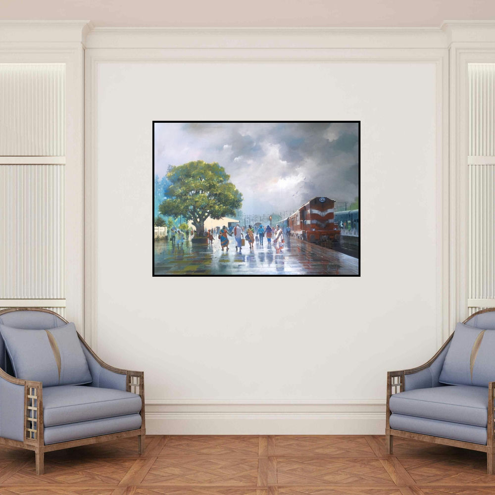 'Wet Platform 32' painting by Bijay Biswaal shown on a wall in a furnished room.