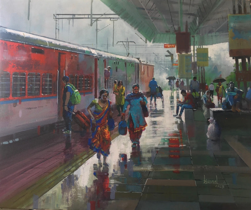 Wet Platform 53' cityscape acrylic painting by artist Bijay Biswaal, 30x36 inch, on canvas