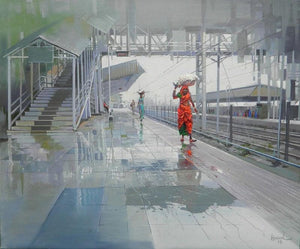 Cityscape acrylic painting titled 'Wet Platform III', 36x30 inches, by artist Bijay Biswaal on Canvas