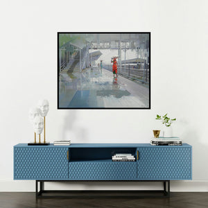 Bijay Biswaal's 'Wet Platform Iii' painting visualized above a sofa in a contemporary room.