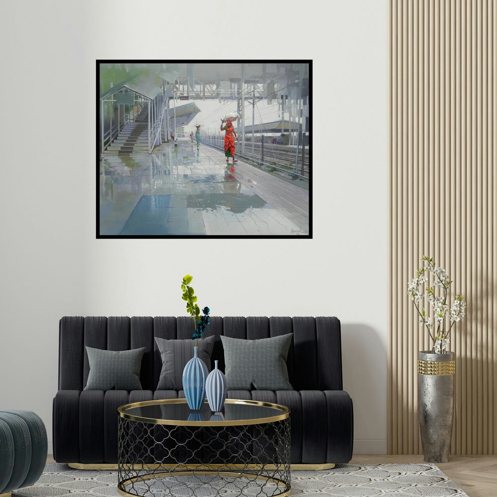 'Wet Platform Iii' painting by Bijay Biswaal shown on a wall in a furnished room.