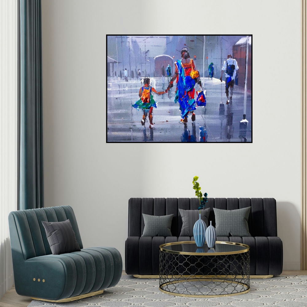 'Wet Platform Iv' painting by Bijay Biswaal shown on a wall in a furnished room.