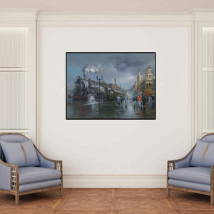 'Wet Platform Lucknow' painting by Bijay Biswaal shown on a wall in a furnished room.
