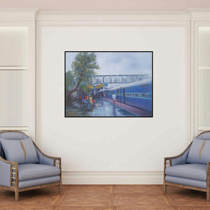'Wet Platform Rajnandgaon' painting by Bijay Biswaal shown on a wall in a furnished room.