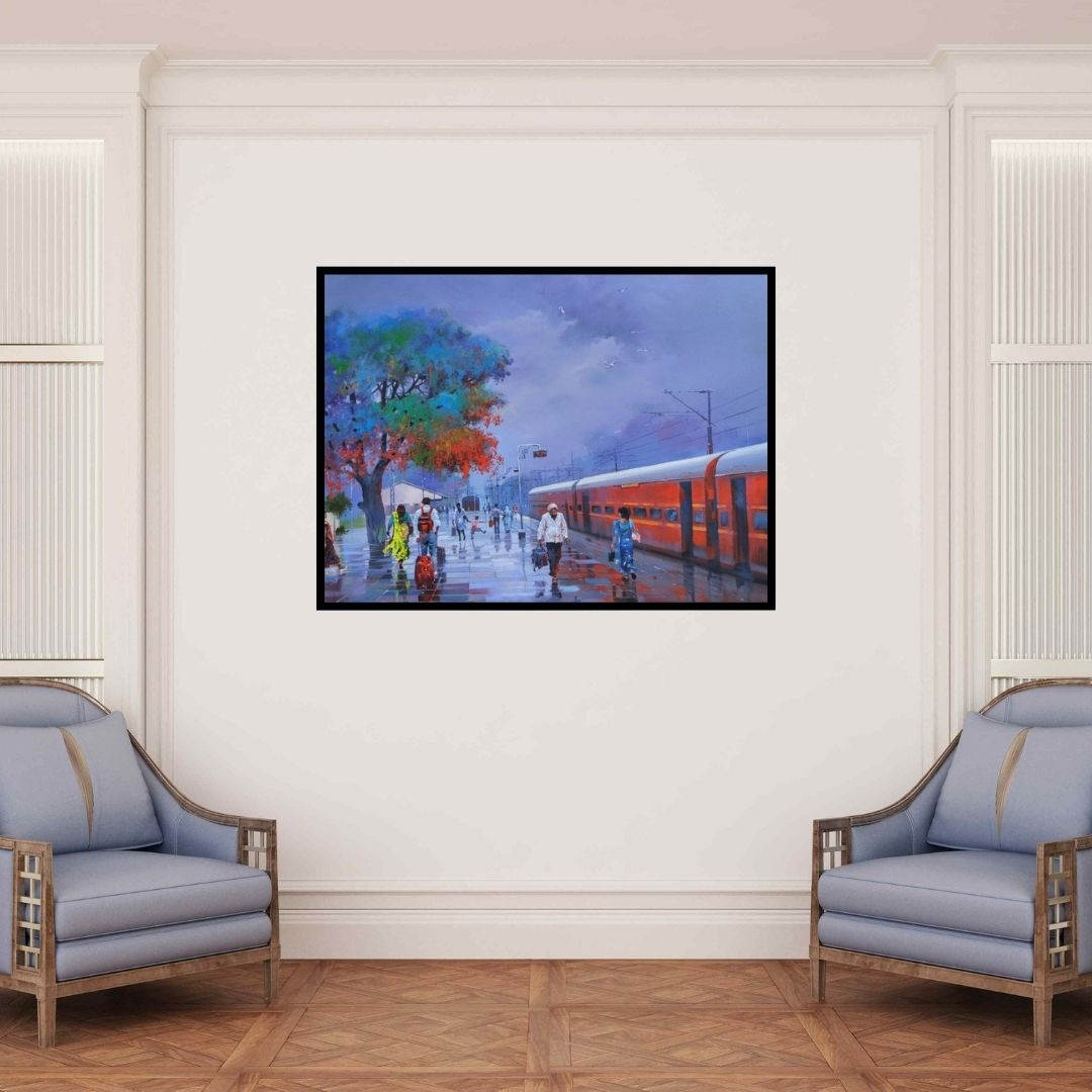 In-situ view of Bijay Biswaal's 'Wet Platform Red' painting in a room