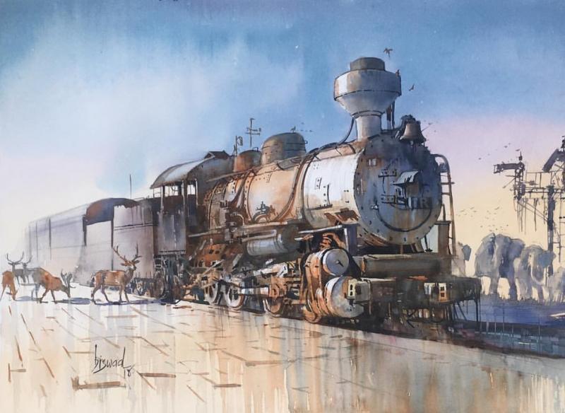 Animals watercolor painting titled 'Wet Platform Wild 2', 22x30 inches, by artist Bijay Biswaal on Paper
