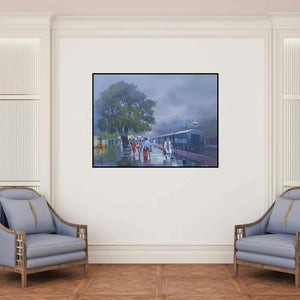 'Wet Platform Xi' painting by Bijay Biswaal shown on a wall in a furnished room.