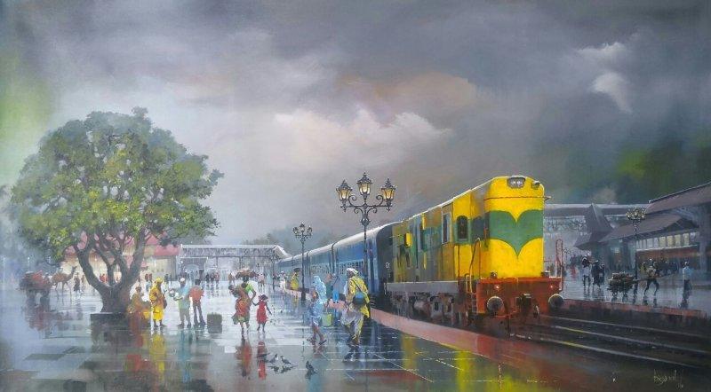 Cityscape acrylic painting titled 'Wet Platform Yellow Train', 48x84 inches, by artist Bijay Biswaal on Canvas