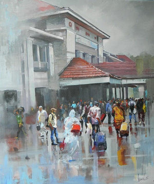 Cityscape acrylic painting titled 'Wet Station', 36x30 inches, by artist Bijay Biswaal on Canvas