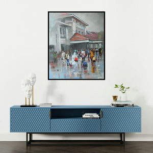 Bijay Biswaal's 'Wet Station (Untitled)' painting visualized above a sofa in a contemporary room.