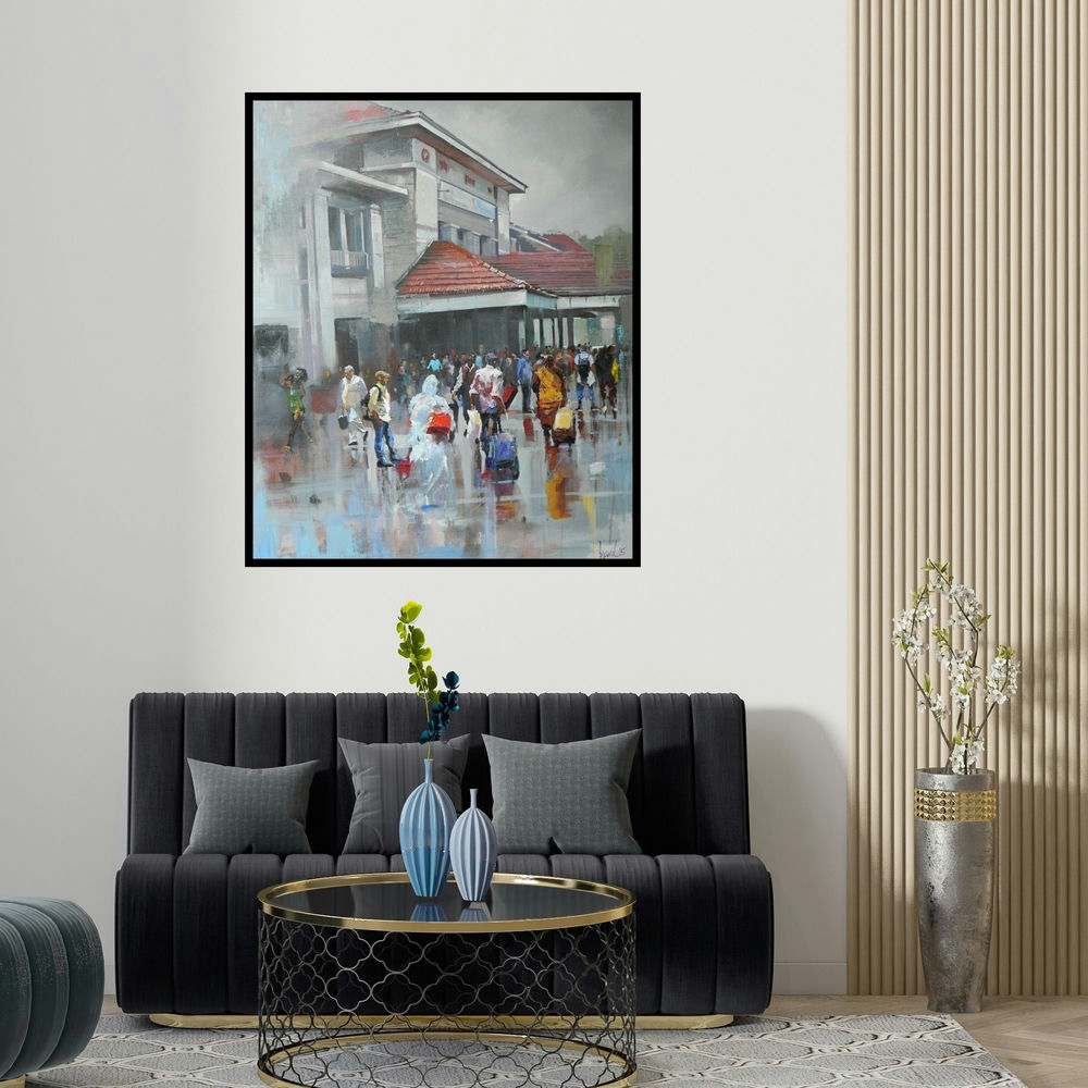 'Wet Station (Untitled)' painting by Bijay Biswaal shown on a wall in a furnished room.