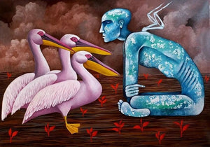 What Do Pelicans Say (A Serene Encounter**) by Ranjith Raghupathy, Original Acrylic Figurative Painting on Canvas, Medium Horizontal Wall Art