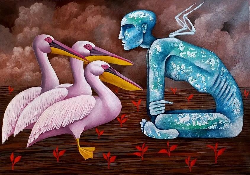 Figurative acrylic painting titled 'What Do Pelicans Say', 30x42 inches, by artist Ranjith Raghupathy on Canvas