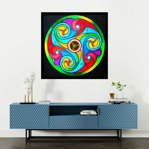 'Wheel Of Life (Celestial Dance)' painting by Manju Lamba shown on a wall in a furnished room.