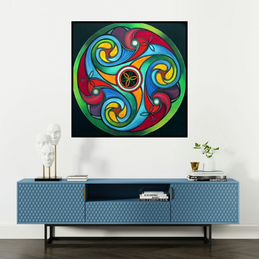 'Wheel Of Life (Cycles of Existence)' painting by Manju Lamba shown on a wall in a furnished room.