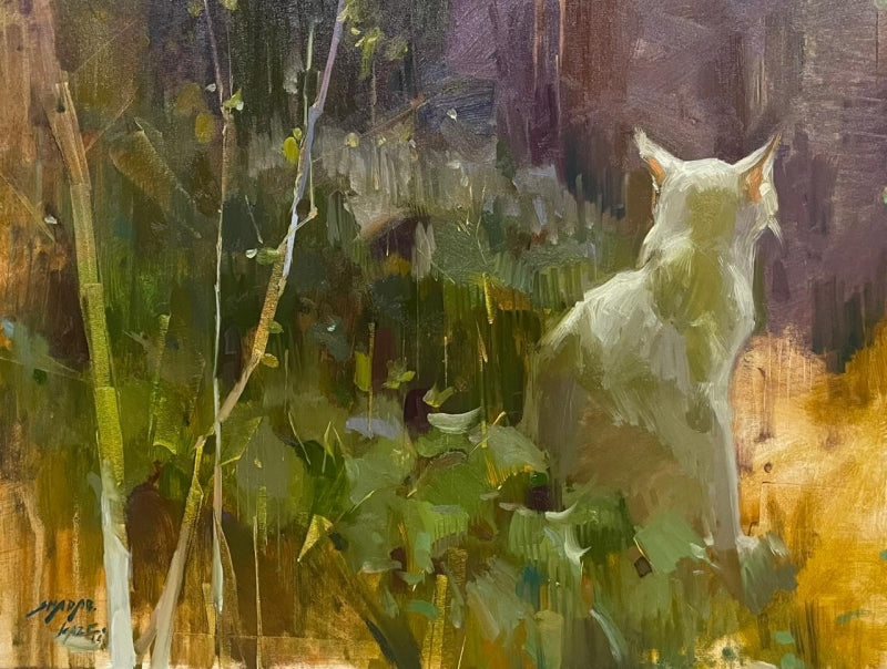 'When She Sits In My Garden 2' animals oil painting by artist Shadab Kazi, 18x20 inch, on linen