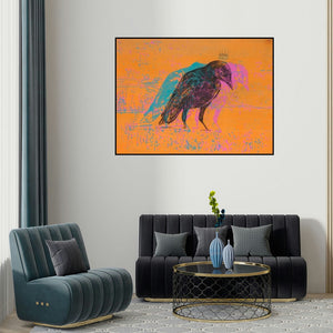 Durgaprasad Bandi's 'Where The Green Is Gone (Crowned Contemplation)' painting visualized above a sofa in a contemporary room.