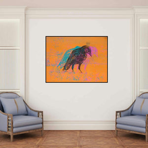 'Where The Green Is Gone (Crowned Contemplation)' painting by Durgaprasad Bandi shown on a wall in a furnished room.