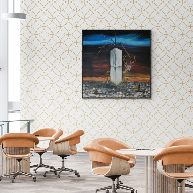 In-situ view of Ashish Kushwaha's 'Where I Am (The Watcher and the Monument)' painting in a room