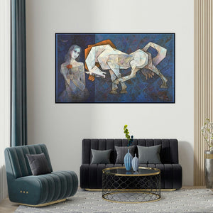 Dinkar Jadhav's 'Where The Sky Down To Meet' painting visualized above a sofa in a contemporary room.