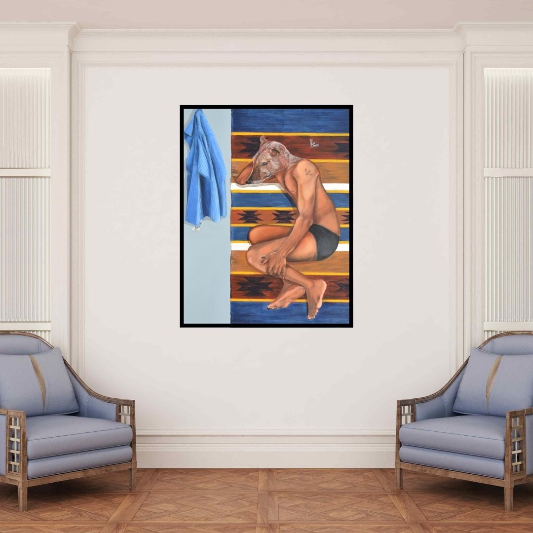 In-situ view of Swapnil Ramgade's 'Which Is Right Look' painting in a room