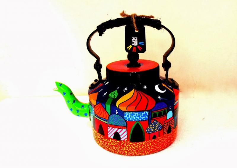 Lifestyle craft titled 'Whimsical Palace Tea Kettle', 9x9x7 inches, by artist Rithika Kumar on Aluminium