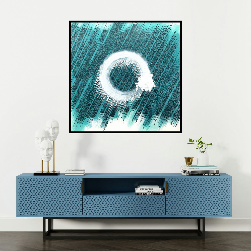 'Whirl Of Life (Cosmic Circle)' painting by Shaikh Ahsan shown on a wall in a furnished room.