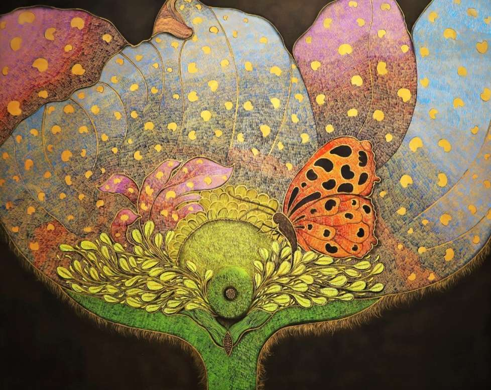 'Whisper Of The Butterfly' nature mixed-media painting by artist Yogesh Powale, 48x60 inch, on canvas
