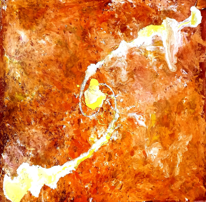 'The Whispering Ember' abstract enamel painting by artist Ravi Vishwakarma, 48x48 inch, on canvas
