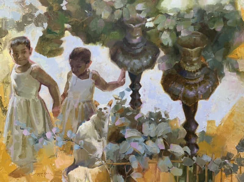 Whispers Of Innocence' figurative oil painting by artist Shadab Kazi, 36x48 inch, on linen