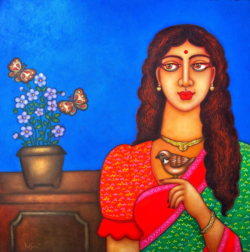 'Whispers Of Nature' figurative acrylic painting by artist Piyali Sarkar, 24x24 inch, on canvas