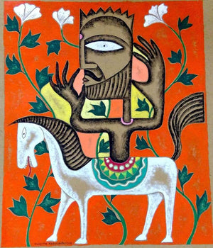 White Flower Hunt (The Rider) by Ranjith Raghupathy, Original Acrylic Contemporary Painting on Cardboard, Medium Vertical Wall Art