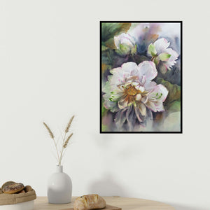 Puja Kumar's 'White Lotus (A Moment of Tranquility**)' painting visualized above a sofa in a contemporary room.