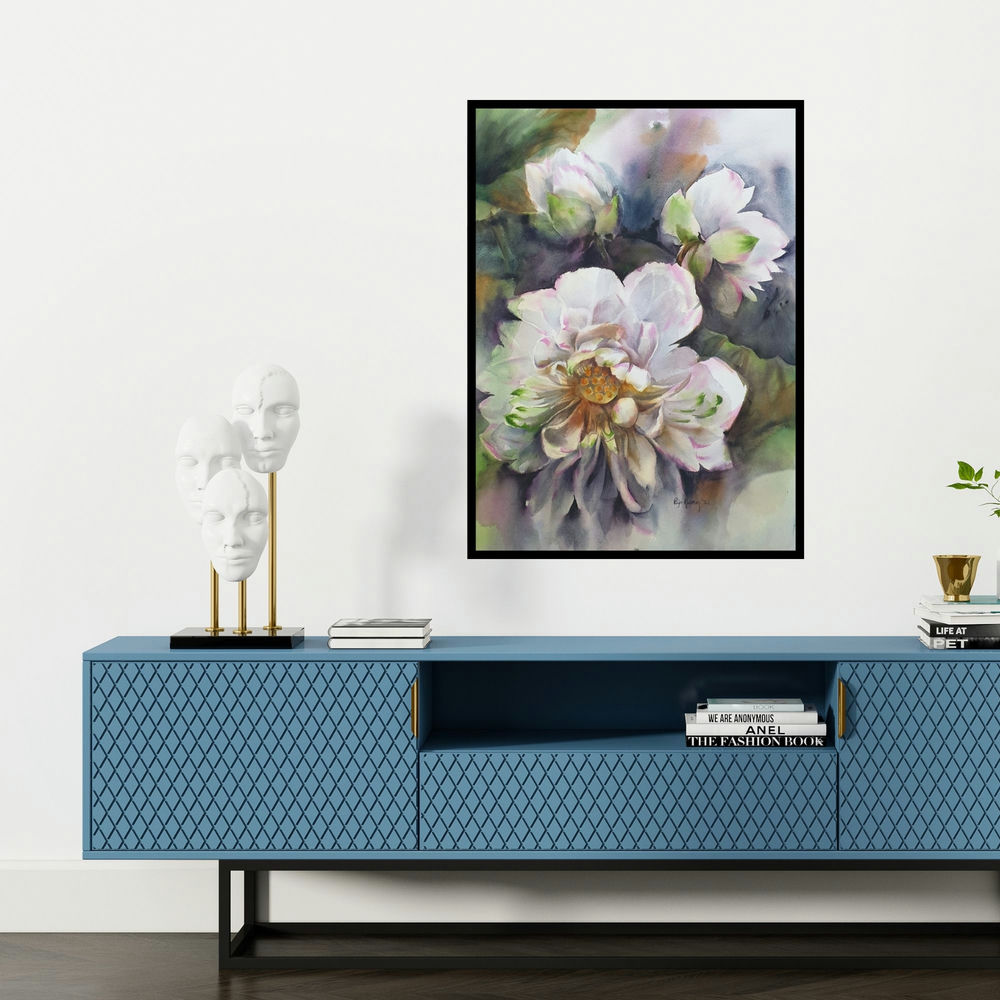 'White Lotus (A Moment of Tranquility**)' painting by Puja Kumar shown on a wall in a furnished room.