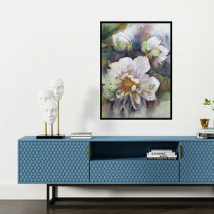 'White Lotus (A Moment of Tranquility**)' painting by Puja Kumar shown on a wall in a furnished room.