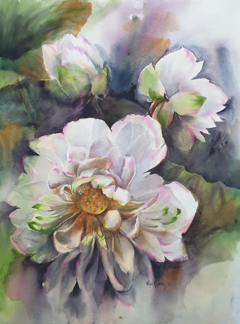 Nature watercolor painting titled 'White Lotus', 30x22 inches, by artist Puja Kumar on Paper