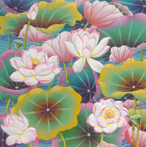 White Lotus' nature mixed-media painting by artist Ramu Das, 36x36 inch, on canvas