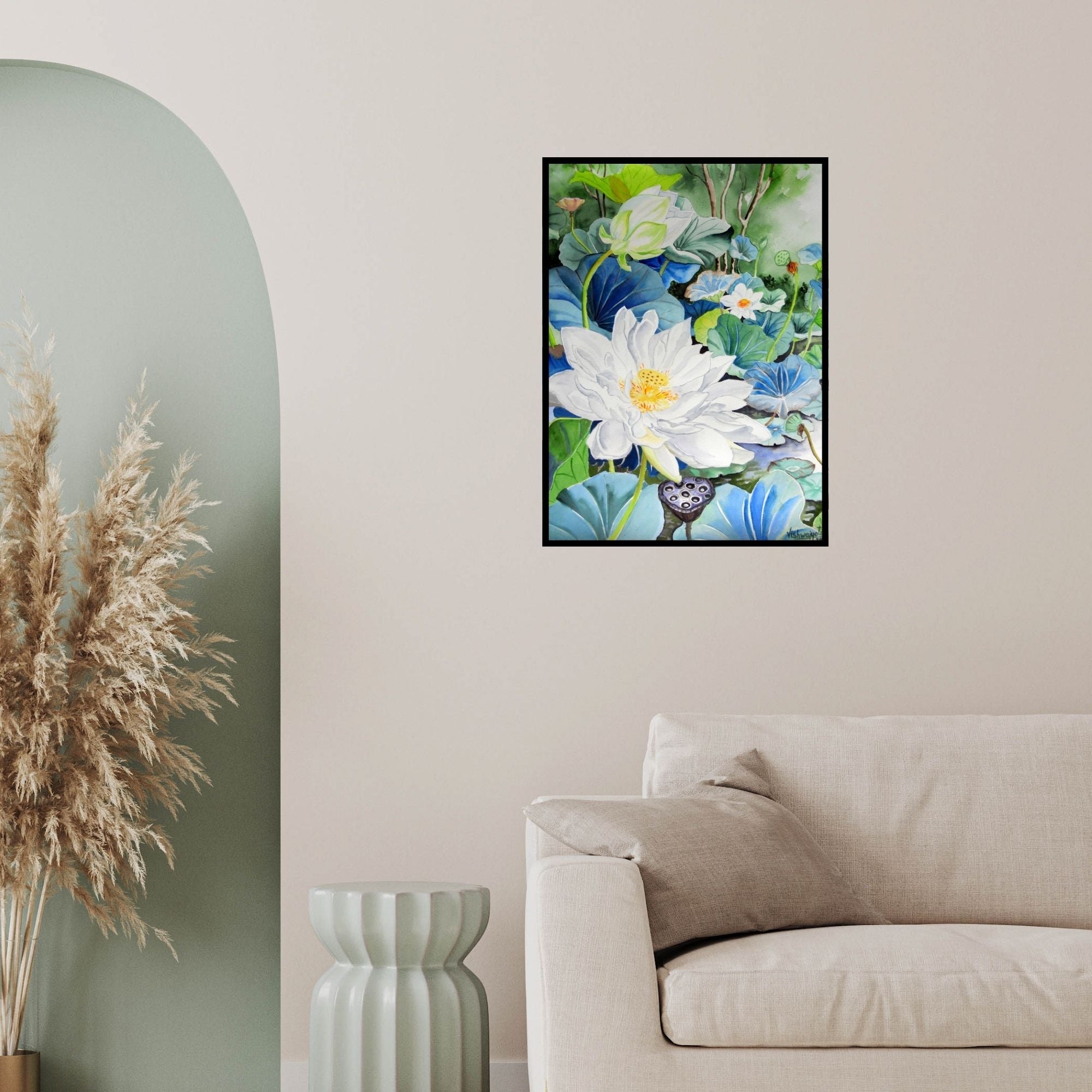 In-situ view of Vishwajyoti Mohrhoff's 'White Sahastradal' painting in a room