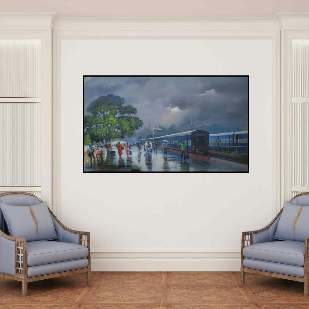 'Wide Wet Platform Ii (Rainy Day at the Station)' painting by Bijay Biswaal shown on a wall in a furnished room.