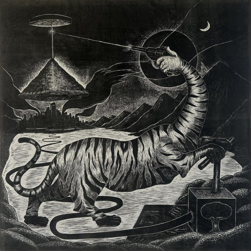 Wild Revenge' contemporary wood cut printmaking by artist Prashant Kuwar, 59x59 inch, on cloth