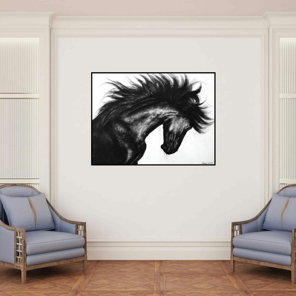 'Wild Spirit 1 (Windswept Mane)' painting by Anand Sai shown on a wall in a furnished room.