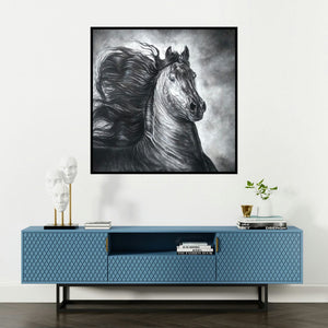 'Wild Spirit 2 (Windswept Majesty)' painting by Anand Sai shown on a wall in a furnished room.