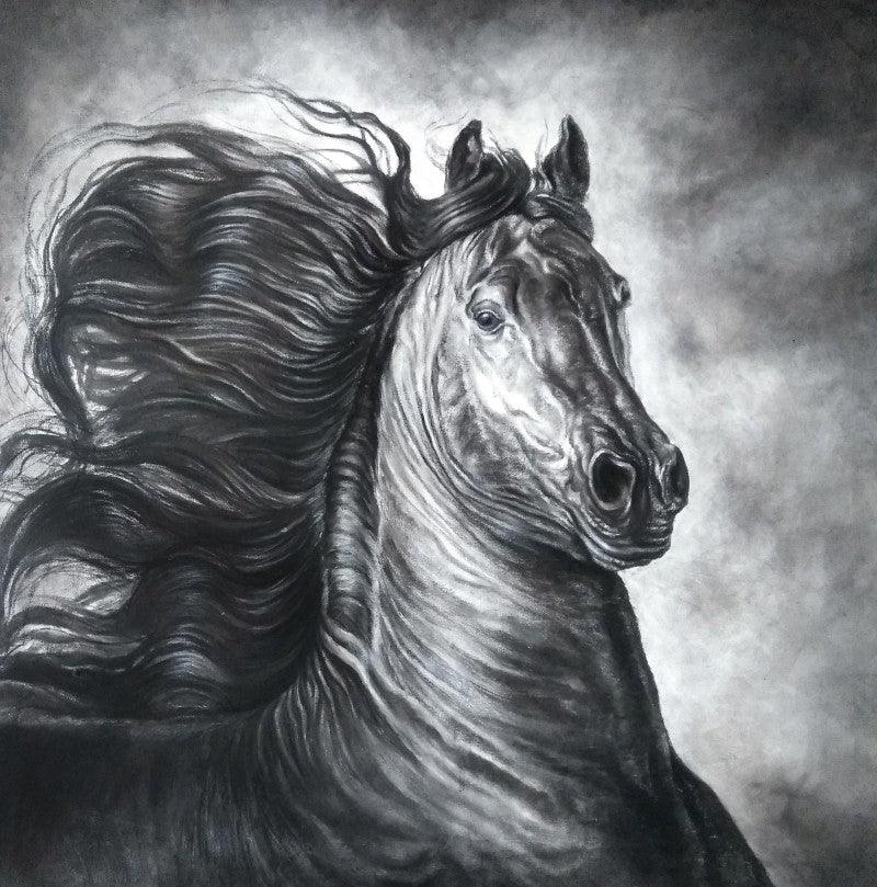 Animals charcoal painting titled 'Wild Spirit 2', 36x36 inches, by artist Anand Sai on Canvas