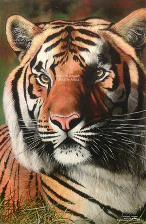 Wildlife Tiger (Royal Bengal Gaze) by Mahesh Jangam, Original Acrylic Animal Painting on Canvas, Large Vertical Wall Art