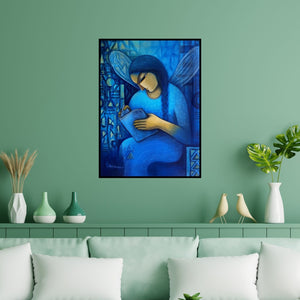 Preview of 'Winged Dreams (A Flight of Imagination**)' Painting by Mousumi Mukherjee shown on a wall in a furnished room.