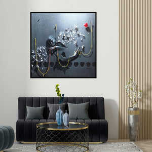 Gopal Chowdhury's 'Wings Of Butterflies (Entangled Figure)' painting visualized above a sofa in a contemporary room.
