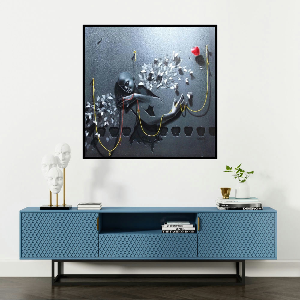 'Wings Of Butterflies (Entangled Figure)' painting by Gopal Chowdhury shown on a wall in a furnished room.